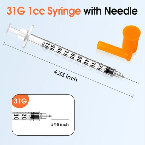 Vista 2 de Jeringa de 1ml 31G 5/16 pulgadas 8mm, Jeringas de Laboratorio Envueltas Individualmente, Paquete de 100
