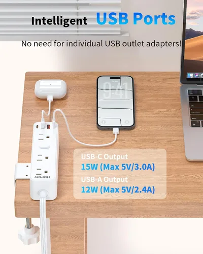 Vista 5 de HOPOW Regleta de alimentación con abrazadera de escritorio, estación de carga de montaje en el borde de escritorio con 9 salidas de CA, 4 USB