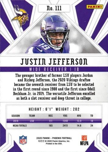 Vista 2 de Tarjeta de novato de Justin Jefferson de Panini Phoenix Fire Burst Football #111 2020