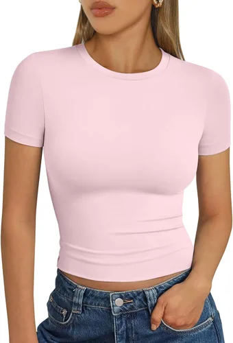 Vista 17 de Trendy Queen - Camisetas básicas para mujer, camisetas de verano 2025, de manga corta, ajustadas, para gimnasio, entrenamiento, ropa estilo Y2K
