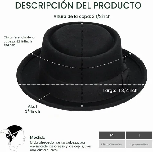 Vista 4 de Pork Pie Hat for Men/Women Wool Felt Fedora Boater Porkpie Flat Top Derby Black