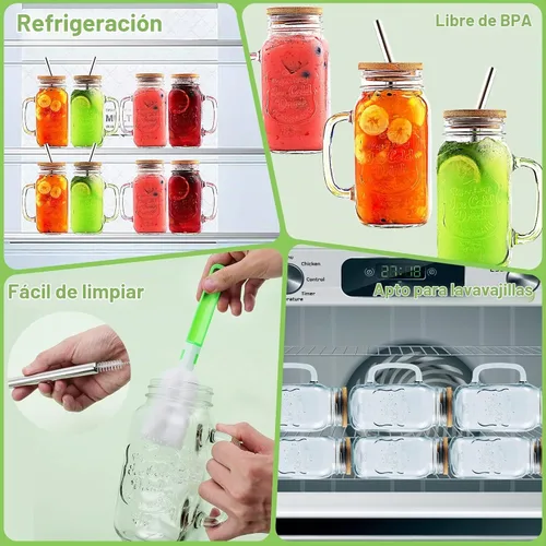 Vista 5 de Paquete de 4 tarros Mason de 24 onzas con asa, vasos reutilizables para beber, tarros Mason con tapas de bambú y popotes de acero inoxidable, vaso