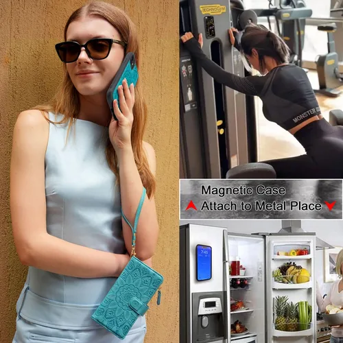 Vista 4 de Harryshell Cartera de cuero con cremallera magnética desmontable con bolsillo para efectivo con ranuras para tarjetas, correa de muñeca para iPhone