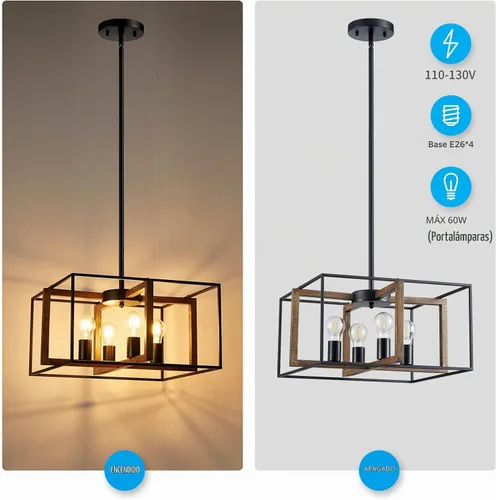 Vista 4 de XINGQI Candelabro cuadrado de 4 luces, lámpara de granja, moderna iluminación colgante para cocina, isla, comedor, sala de estar, acabado de grano