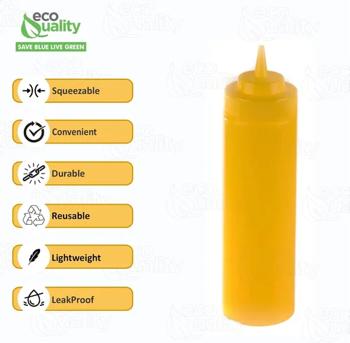 Vista 2 de Paquete de 2 botellas de plástico amarillo de 24 onzas para condimentos, salsas, aderezos, artes y manualidades, salsa de tomate, mostaza, aceite