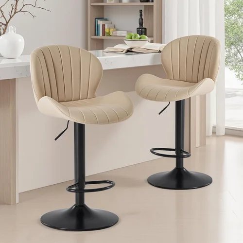 Vista 6 de Sweetcrispy Juego de 2 taburetes de bar, silla giratoria de tela de altura Beige