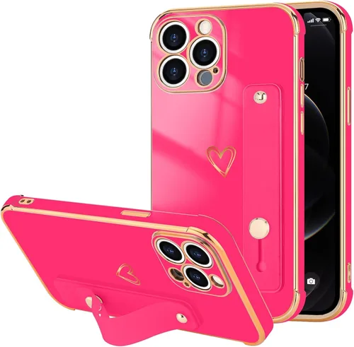Vista 33 de LLZ.COQUE Funda compatible con iPhone 12 para mujeres y niñas, parachoques chapado de lujo con bonito diseño de corazón de amor, soporte de correa
