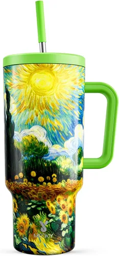 Vista 9 de Meoky - Vaso de 30 oz con asa, tapa y pajilla, taza de viaje térmica de acero inoxidable 100% a prueba de fugas, para portavasos, mantiene el frío