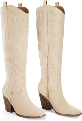 Vista 5 de Botas vaqueras para mujer, hasta la rodilla, botas vaqueras bordadas con punta puntiaguda y tacón grueso, botas vaqueras para otoño, invierno