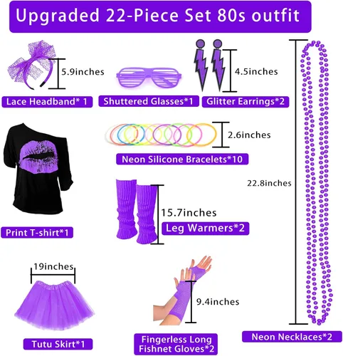 Vista 2 de Disfraz mejorado de los años 80 para mujer, conjunto de accesorios de disfraz de fiesta de los años 80 con camiseta, falda tutú, cintura, etc