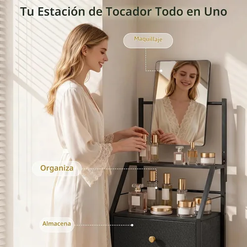 Vista 4 de HIGDBFE Tocador con espejo ajustable y 4 cajones, negro, 15.3 pulgadas de ancho