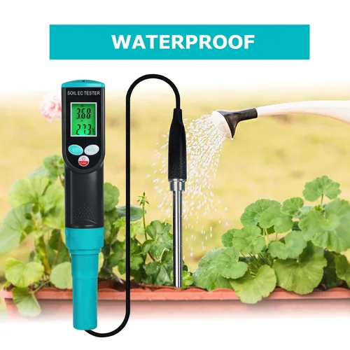 Vista 5 de Medidor digital EC de suelo 2 en 1 plantas porfesionales medidor de temperatura EC con sensor con cable, pantalla LCD retroiluminada, compensación
