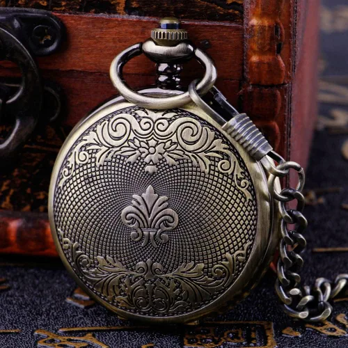 Vista 8 de Bronze Men's Antique Mechanical Pocket Watch, Skeleton Mechanical Roman Numerals Pocket Watch with Chain + Box