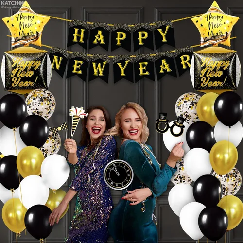 Vista 6 de Feliz Año Nuevo 2026/5 Juego de globos dorados con estrella