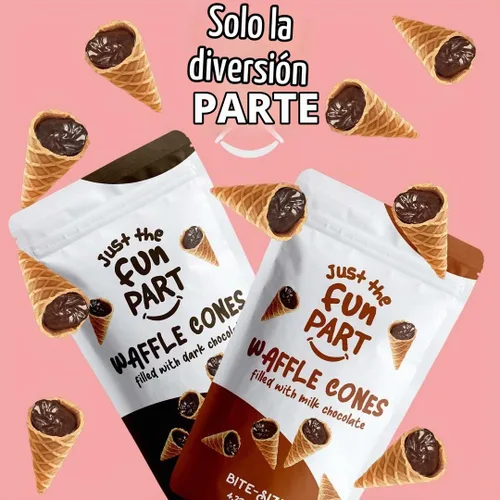 Vista 7 de Just The Fun Part, Mini conos crujientes de gofre, rellenos de chocolate negro belga de primera calidad, ideales para aperitivos, postres