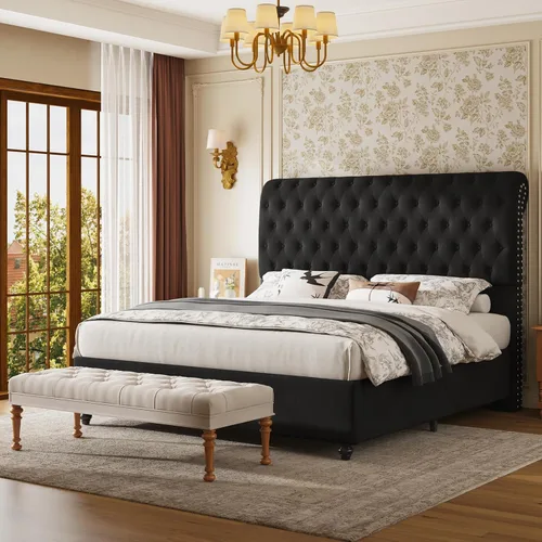 Vista 9 de Jocisland Base de cama Queen de 52.8 pulgadas, cabecera de trineo tapizada Negro