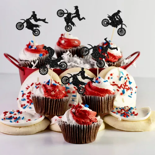 Vista 7 de Gyufise 24 piezas de adornos para cupcakes de motocicleta con purpurina negra para motocross, fiesta de motocross, para deportes, tema de motocross