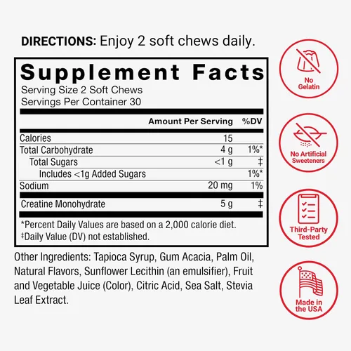 Vista 8 de Force Factor Legendary - Masticables de creatina, monohidrato de creatina de 0.18 oz Build Muscle, Improve Strength & Recovery, Support Memory &