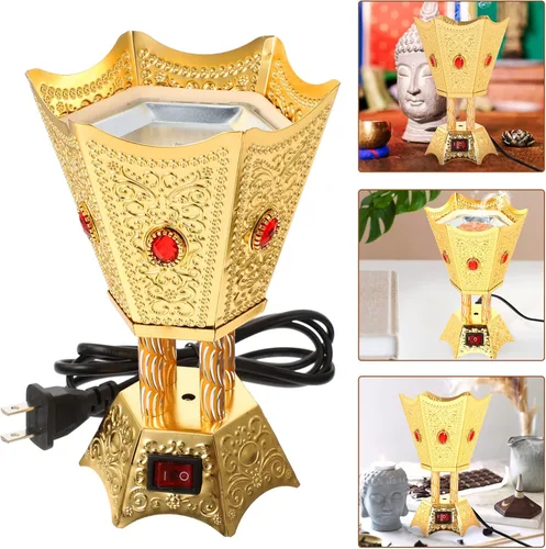 Vista 6 de Bakhoor - Quemador eléctrico de incienso de mesa estilo Oriente Medio, incensario eléctrico de mesa, quemador de incienso de metal para el hogar