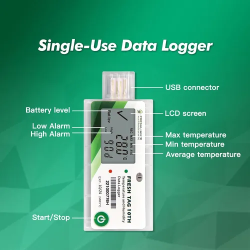 Vista 3 de Freshliance Registrador de datos de humedad de temperatura LCD, grabadora USB de humedad de temperatura de un solo uso con informe PDF o CSV, 65000