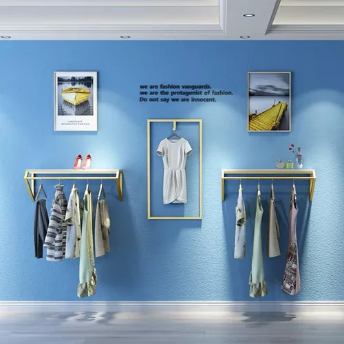 Vista 9 de Modern Simple - Estante de exhibición de metal resistente para hombres y mujeres, perchero de pared con madera, riel para ropa, toallero para colgar