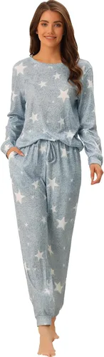 Vista 9 de cheibear Conjunto de pijama de manga larga para mujer, sudadera Kint con estampado de estrellas, ropa de dormir de 2 piezas Negro