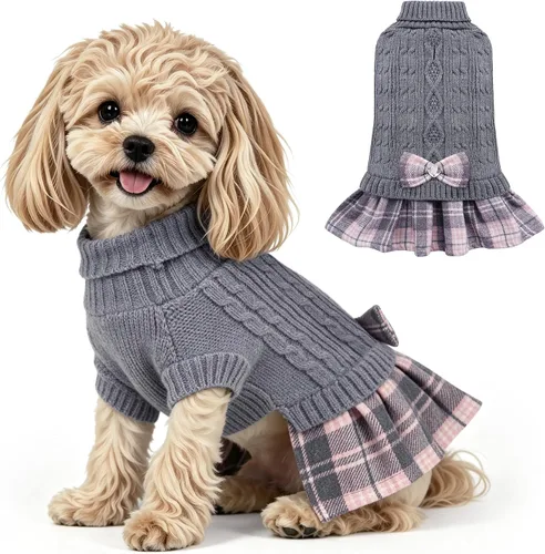 Vista 14 de WOYYHO Vestido de suéter para perro pequeño con corbatín, ropa de perro de Rosa polvoriento