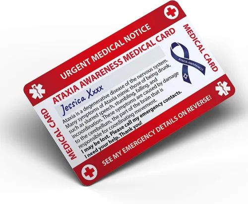 Vista 3 de Concientización de la tarjeta médica con panel grabable y cordón modelado, tarjeta de PVC de contacto de emergencia (Ataxia)