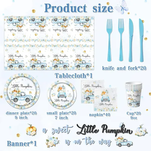 Vista 3 de Decoración de baby shower de calabaza, 142 piezas, una dulce pequeña calabaza está en camino, camión floral azul para niños, mantel desechable
