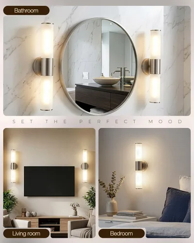 Vista 5 de Lámpara de pared de 2 luces para tocador de baño, aplique de pared de níquel cepillado con vidrio blanco ópalo, lámpara de pared interior E26, luz