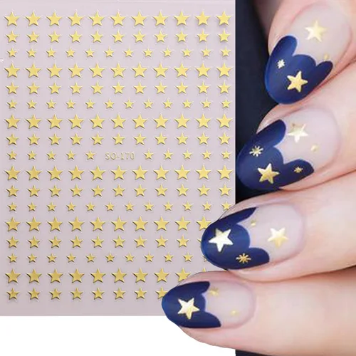 Vista 2 de 6 Hojas de Calcomanías de Arte de Uñas con Estrellas Calcomanías 3D con Purpurina Brillante Dorada Plateada Blanca Negra Estrellas Calcomanías
