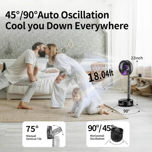 Vista 4 de Socool Ventilador Portátil de 20000mAh de 8 Pulgadas Operado por Batería, Ventilador Oscilante con Carga, Control Remoto con Luz LED, 112 Horas