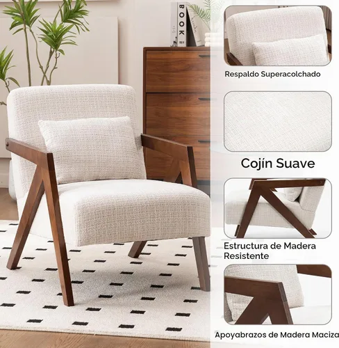 Vista 5 de Silla con acento moderno de mediados de siglo con marco de madera maciza, sillas tapizadas de chenilla para sala de estar con cojín para dormitorio