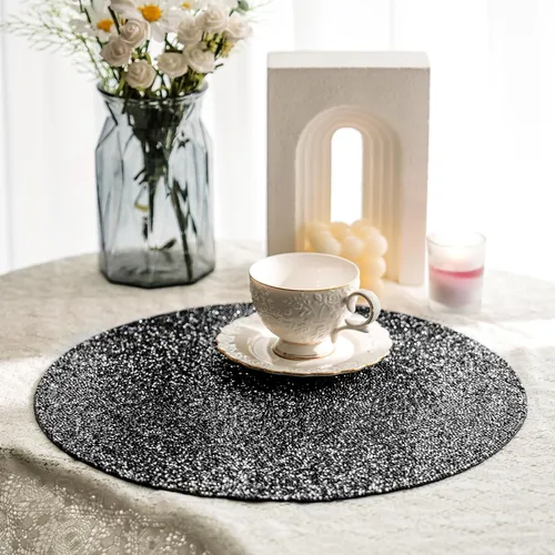 Vista 5 de Mantel individual negro de pedrería con diamantes triturados brillantes redondos lavables con purpurina para otoño, Halloween, boda, Navidad