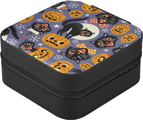 Vista 3 de Joyero de viaje de calabaza de gato negro de Halloween, caja de joyería portátil de piel sintética, organizador de viaje, pequeña caja de joyería
