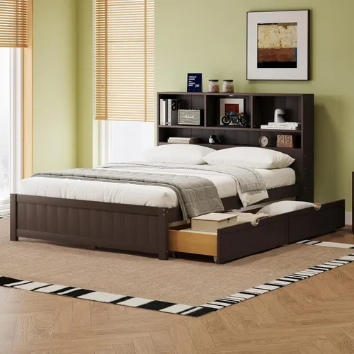 Vista 3 de MERITLINE Cama individual con cabecera de almacenamiento, cajones, estación de carga y luces LED, plataforma de madera con estantería