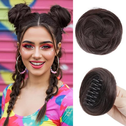 Vista 11 de Extensiones de moño espacial para mujer, 2 piezas de extensiones de moño de cabello falso natural, clip de garra, moño de pelo sintético