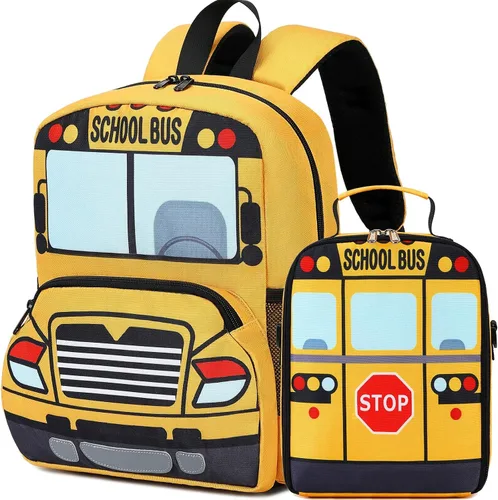 Vista 9 de Mochila para niños pequeños, preescolar, autobús, bolsa de libros 3D para jardín de infantes con lonchera aislante