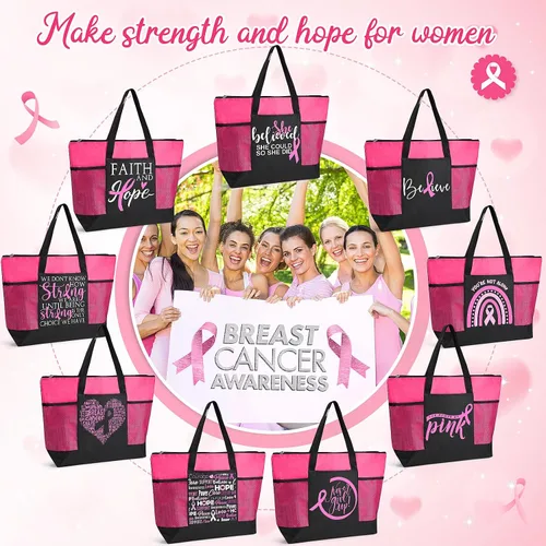 Vista 7 de Bolsas de regalo para concientización sobre el cáncer de mama, bolsas de señal de cinta rosa para mujer, bolsillo de malla, apoyo para concientizar