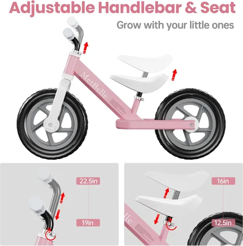 Vista 4 de MetBelle Toddler Balance Bike 1-3 Year Old,12" No Pedal Kids Indoor Outdoor Toy Bike 2-5 Years Old with Tool-Free Adjustments Seat, Lightweight