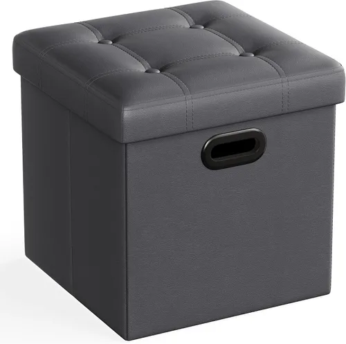 Vista 11 de Otomana plegable por Songmics, cubo de almacenamiento de 15 pulgadas con agujero y asa, piel sintética, Madera, Negro