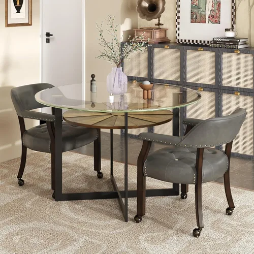 Vista 19 de LEEMTORIG Juego de 2 sillas de comedor con ruedas y brazo, sillas de comedor grandes con ruedas, silla de mesa de póquer de madera maciza, 26