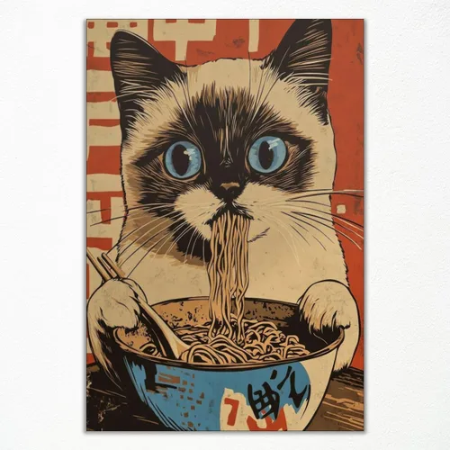 Vista 16 de Arte de pared vintage de gato japonés en lona, póster de gato negro peculiar comiendo ramen, impresión de arte retro de animales divertidos
