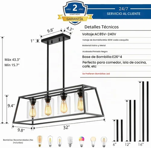 Vista 5 de Candelabros negros de granja para comedor, lámpara rústica de isla de cocina, lámpara colgante lineal de 4 luces, isla de cocina con pantalla