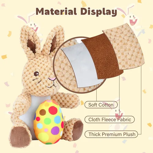 Vista 4 de Rypet Juguetes de peluche para perros, conejito de Pascua con huevo, juguete de felpa chirriante para mascotas con papel arrugado, juguetes