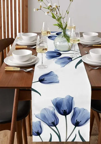 Vista 4 de Camino de mesa floral de tulipán azul, algodón y lino, pequeñas bufandas de 36 pulgadas, diseño rústico de flores para cocina, café, mesa