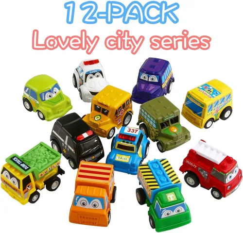 Vista 5 de Funcorn Toys Juego de 12 mini vehículos de plástico surtido, juguetes de camión y automóvil para niños pequeños, recuerdos de fiesta, juego de auto