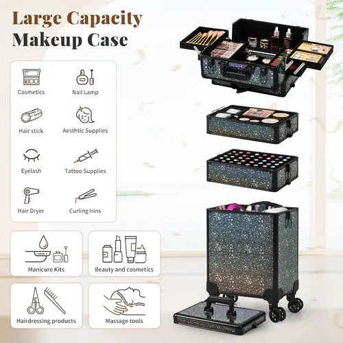 Vista 4 de AROUS Estuche de Maquillaje Rodante 5 en 1, Estuche de Cosmetología con Ruedas, Organizador de Cosméticos Grande, Carro de Viaje para Peluquero