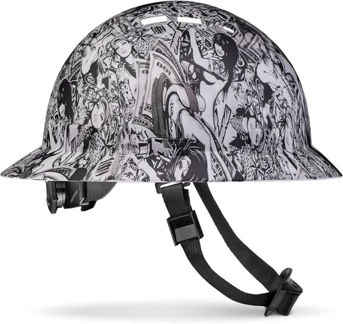 Vista 12 de Casco de construcción OSHA de ala completa con diseño de tatuaje/calavera, acabado mate, con suspensión de 6 puntos
