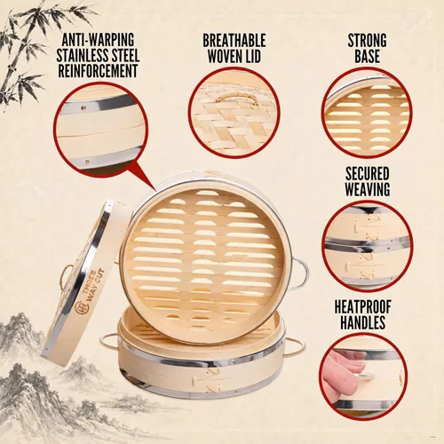 Vista 3 de Dumpling - Vaporera de Bambú de 10 Pulgadas, Canasta de Madera de 2 Niveles con Mango, Adaptador de Anillo, Forro de Silicona Reutilizable, Kit